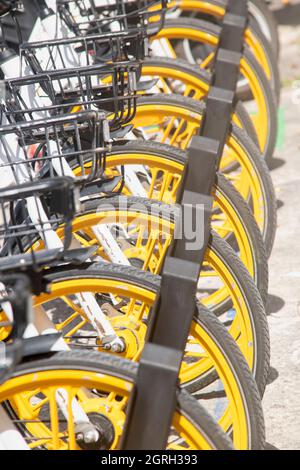 A close-up of bicycle wheels on the parking lot in Playa del Carmen, Mexico. Stock Photo