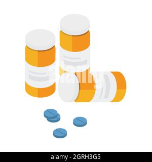 Pill bottles. Open plastic pills tube with cap. Some meds capsules lying down. Drug medication, supplements & medicament. Isometric view vector medici Stock Vector