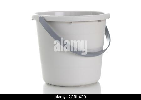 Light gray bucket with handle on white background Stock Photo