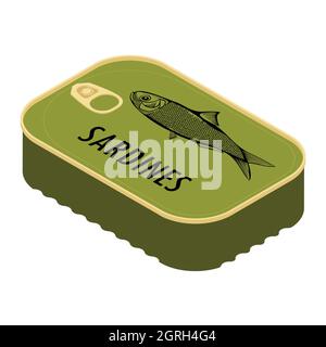 Can of sardines isometric view isolated on white background. Canned food. Packaging collection. Stock Vector
