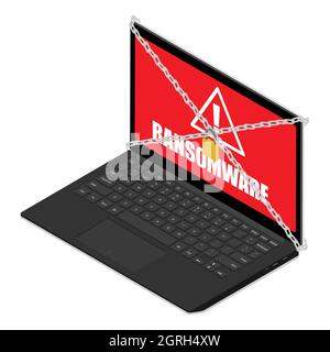 Computer laptop screen message warning of a detected ransomware program. Laptop information locked with chain and padlock. Isometric view. Isolated on Stock Vector