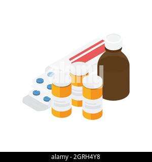 Various meds. Pills, capsules blisters, glass bottles with liquid medicine & plastic tubes with caps. Drug medication & supplements collection. Isomet Stock Vector