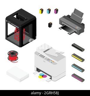 Printing house concept. 3D printer, laser print and supplies high quality print isometric view. Isolated on white background. Vector Stock Vector