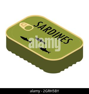 Can of sardines isometric view isolated on white background. Canned food. Packaging collection. Stock Vector