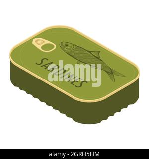 Can of sardines isometric view isolated on white background. Canned food. Packaging collection. Stock Vector