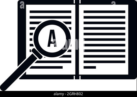 Magnifying glass over open book icon, simple style Stock Vector