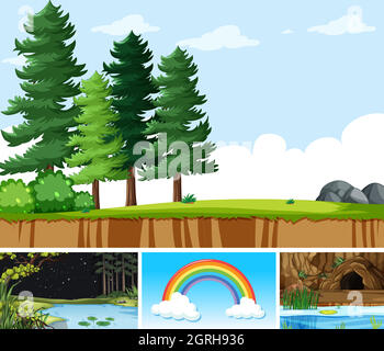 Four different scenes in nature setting cartoon style Stock Vector