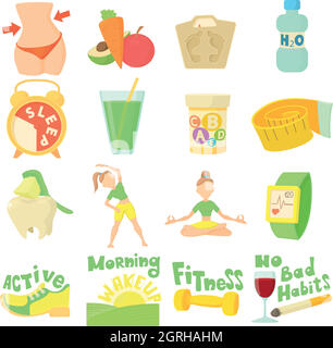 Healthy lifestyle icons set, cartoon style Stock Vector