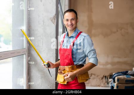 Young construction workers in a buiding Stock Photo