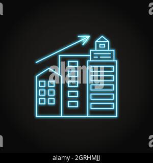 Neon urbanization icon in thin line style. Growing city skyscrapers. Vector illustration. Stock Vector