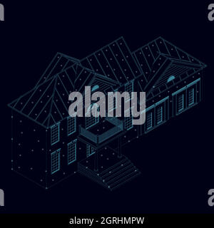 Wireframe of a two story house made of blue lines with glowing lights on a dark background. Isometric view Vector illustration. Stock Vector