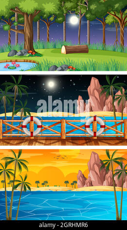 Three different nature horizontal scenes Stock Vector