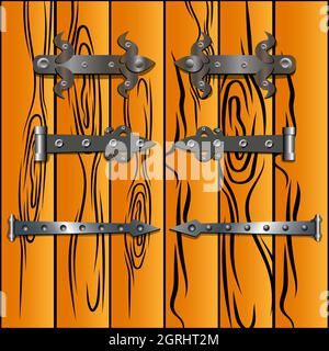Vintage iron hinges and medieval metal handles vector set. Cartoon props for castle or church ancient doors decoration. Iron hinges set isolated on re Stock Vector
