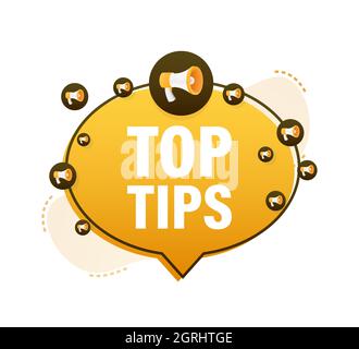 Megaphone yellow banner - Top tips. Vector illustration. Stock Vector