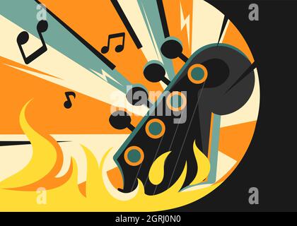 Rock music banner with guitar on fire. Placard design in flat style. Stock Vector
