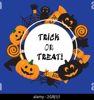 Halloween card in funny cartoon style. Trick or treat. Frame with seasonal design elements in thematic tones. Cute print for banner, postcard Stock Vector