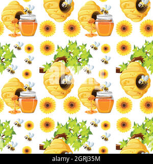 Seamless background with bees and beehives Stock Vector
