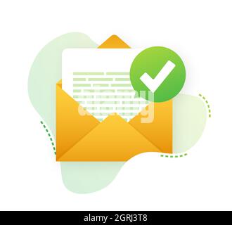 Opened envelope and document with green check mark. Verification email. Vector illustration. Stock Vector