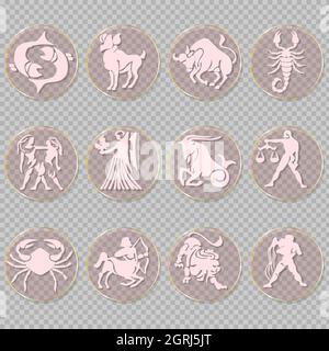 Zodiac signs. Set of simple round zodiac icons with images for web and print. EPS 10 Stock Vector