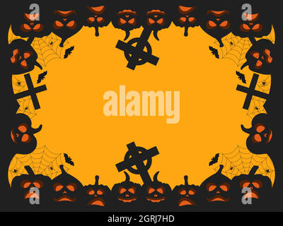 Halloween frame with scary pumpkins. Border with pumpkin lantern, cross and bats. Design a template for invitations, leaflets and greeting cards. Vect Stock Vector