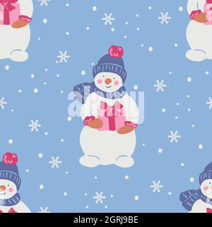 Vector seamless pattern with snowman and snowflakes. Snowman is holding gift. Stock Vector