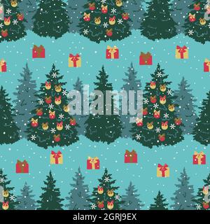 Vector seamless pattern with Christmas trees, baubles and gifts. Design for Christmas and New year. Stock Vector