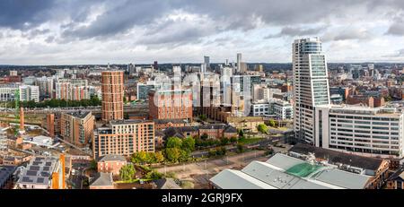 An aerial panoramic view of Leeds city centre cityscape skyline in West Yorkshire UK Stock Photo