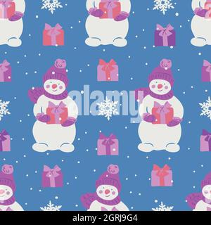 Vector seamless pattern with snowman is wearing cap, scarf and gloves. Snowman, gifts and snowflakes on blue background. Stock Vector