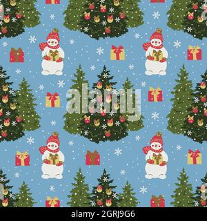 Vector seamless pattern with Christmas trees, snowmen and gifts. New year and Christmas design. Stock Vector