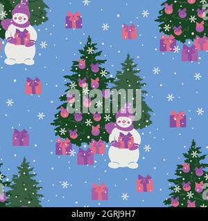 Vector seamless pattern with Christmas tree with baubles, snowman and gifts. Design for winter holidays. Stock Vector
