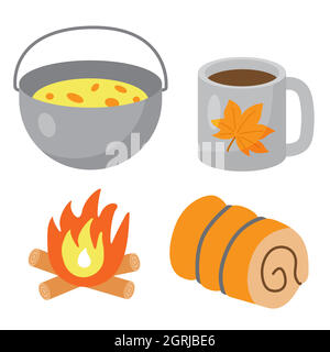Set of touristic and camping equipment. Food pot, metallic cup or mug with tea, bonfire and sleeping bag. Things for active vacations. Luggage icons Stock Vector