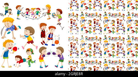 Set of seamless background design with isolated objects theme - children and sport Stock Vector