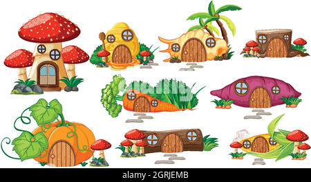 Set of isolated fairy tale houses cartoon style on white background Stock Vector