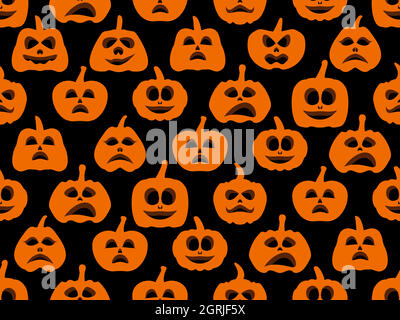Halloween pumpkins with scary faces on a black background. Evil pumpkins seamless pattern. Jack-o lantern for wrapping paper, banners and advertising Stock Vector