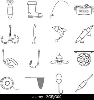 Fishing tools items icons set, outline style Stock Vector