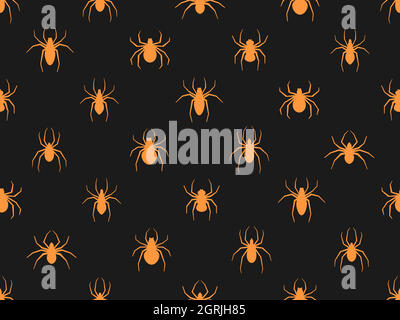 Seamless pattern with orange spiders on a black background. Halloween with scary spiders, design for printing on flyers, invitations and wrapping pape Stock Vector