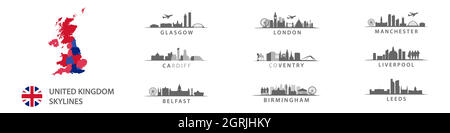 Collection of big cities in Unitted Kingdom, skylines in vector sihouettes, english destinations in England, Wales, Belfast, Scotland and IIreland Stock Vector