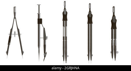 Set with compasses isolated on white background. 3D. Vector illustration. Stock Vector