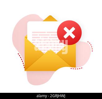 Opened envelope and document with red cross mark. Verification email. Vector stock illustration. Stock Vector