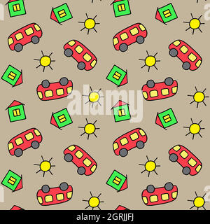 Cute seamless pattern for children. Bus, house and sun. Colorful print. Doodle style illustration. Print for cards, invitations, baby shower, wrapping Stock Vector
