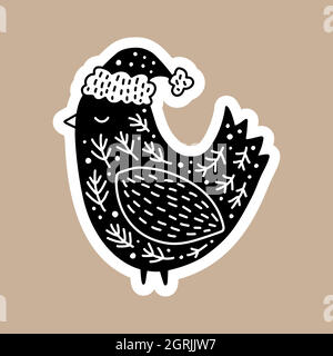Christmas Black vector sticker with cute and funny bird in winter hat. Hand drawn scandinavian badge character for notebook, scrapbook or planner Stock Vector