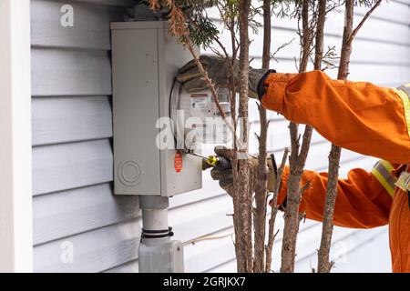 Picture of hands of a skillful worker, wearing shock proof gloves and orange uniform, fixing electrical meter on a white wall, besides a dry plant Stock Photo