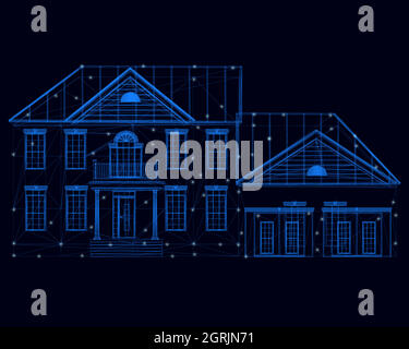 Wireframe of a two story house made of blue lines with glowing lights on a dark background. Front view Vector illustration. Stock Vector