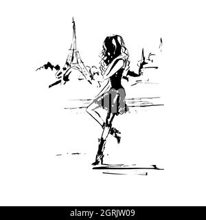 Hand drawing woman and Eiffel Tower. France concept. Paris. Black and white stock vector illustration isolated on white background. Stock Vector