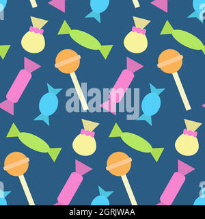Colorful seamless pattern with different candies and lollipops. Print for textiles, fabric, wallpaper, cards, gift wrap and clothes. Endless design Stock Vector