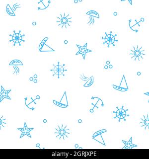 Blue sea travel vacation seamless pattern background texture with sailboats, starfish, anchors. Stock Vector