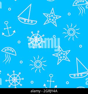 Blue sea travel vacation seamless pattern background texture with sailboats, starfish, anchors. Stock Vector