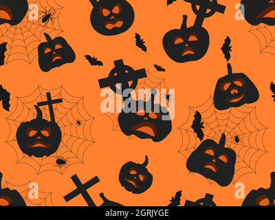 Halloween seamless pattern with pumpkins, crosses and spider webs. Holiday symbols. Design for wrapping paper, banners and advertising materials. Vect Stock Vector