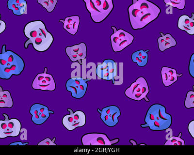 Halloween seamless patern with pumpkins on a purple background. Jack-o lantern for wrapping paper, banners and advertising materials. Vector illustrat Stock Vector