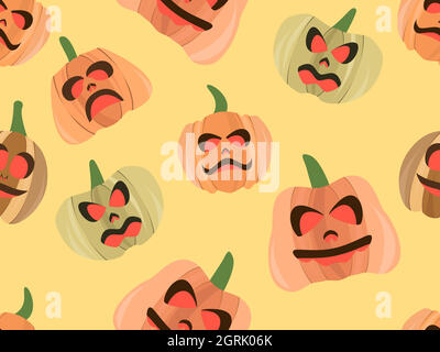 Halloween pumpkin seamless pattern. Festive background with scary pumpkins for Halloween. Jack-o lantern for wrapping paper, banners and advertising m Stock Vector
